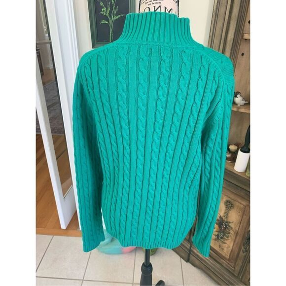 LL Bean Sweater Large Green Cable Knit Full Zip Cardigan - Picture 6 of 7